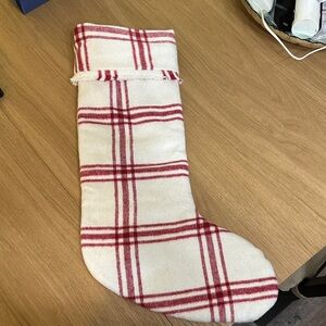 Martha Stewart Cream and Cranberry Plaid Christmas Stocking with Frayed Edges